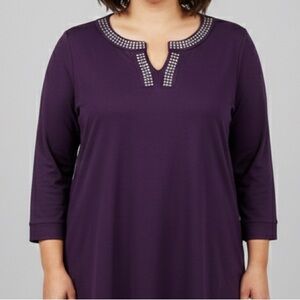 😍SHOW SPECIAL ALLISON DALEY Purple 3/4 Sleeve Silver Accent V Neck Top 2X